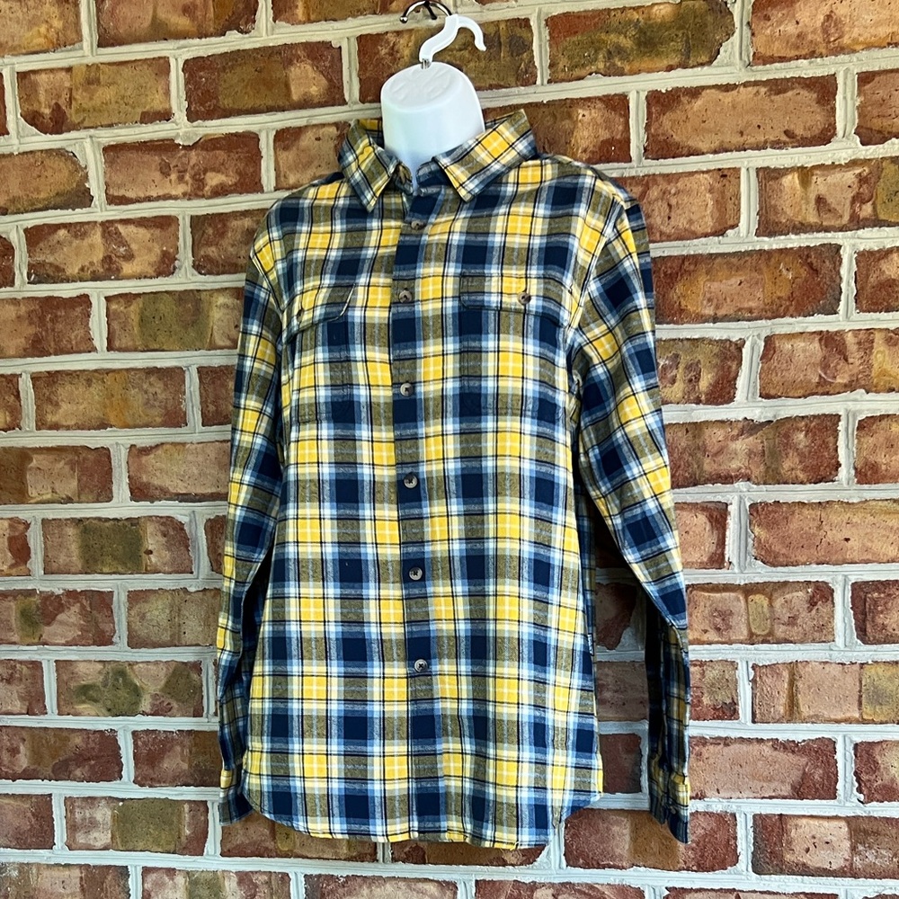 Teton Gravity Research Men's Yellow and Blue Plaid Button-Down Flannel Shirt. M